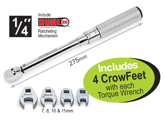 Snap-on  XXNOV116 1/4" Adjustable Click-Type Fixed Head 40-200in-lb IMPERIAL Torque Wrench Includes 4 CrowFeet