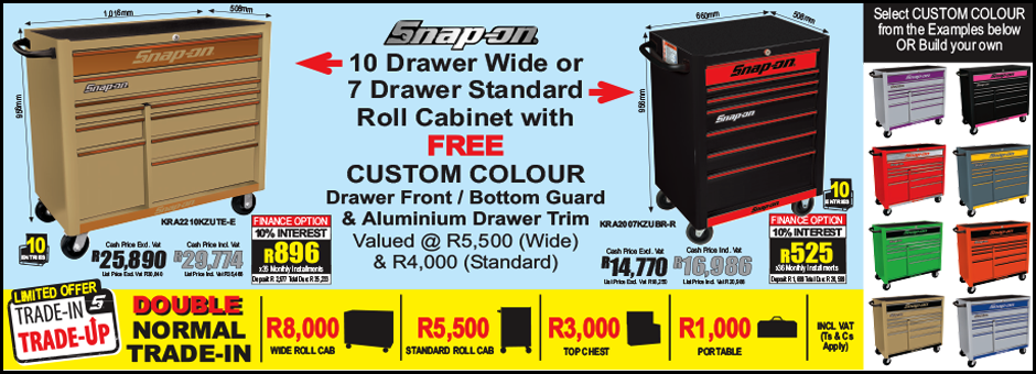Snap-on 10 Drawer Wide or 7 Drawer Standard Cabinet with FREE Custom Colour drawer front and aluminium trim