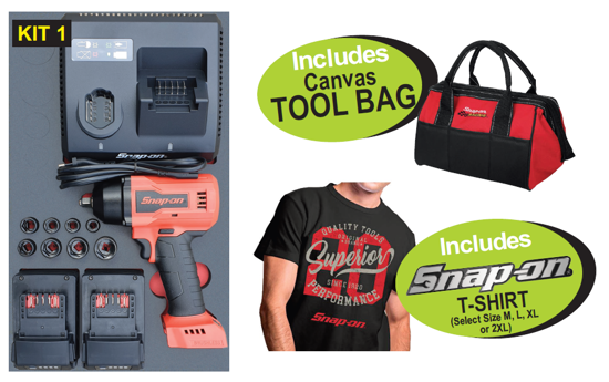 Snap-on XXOCT288 KIT 1 - 3/8" 18V Cordless Brushless Impact Gun Kit Includes Canvas TOOL BAG and Snap-on T-Shirt