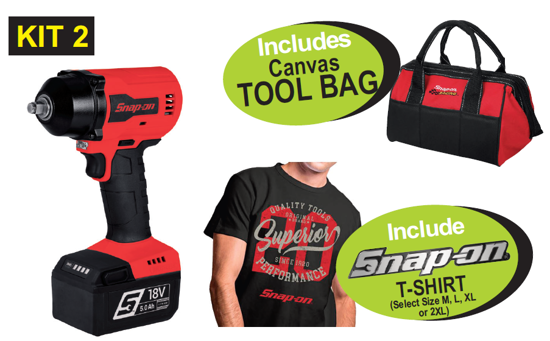 Snap-on XXOCT285 KIT 2 - 3/8" 18V Cordless Brushless Impact Gun Kit Includes Canvas TOOL BAG and Snap-on T-Shirt