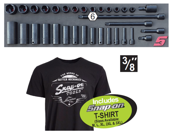 Snap-on XXOCT208 3/8" Shallow & Deep IMPACT Socket Set + Extensions in Foam includes Snap-on T-Shirt