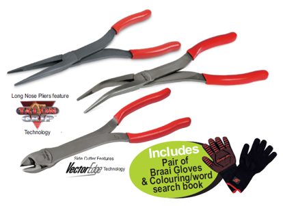 Snap-on XXNOV208 Long Reach (270mm) Heavy Duty Plier Set in Foam (3pc) includes Pair of Braai Gloves & Colouring/word search book