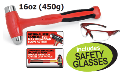 Get the Snap-on Ball Peen Soft Grip Dead Blow Hammer (HBBD16) with included Safety Glasses (GLASS50R) on promotion! Features internal steel canister for maximum dead blow action and a composite shank for reduced vibration. Promo Code: XXJUN222.