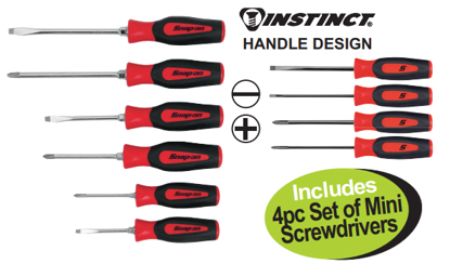 Get the Snap-on XXOCT206 6pc Screwdriver Set with Instinct handle design and foam control insert in red. This promotion includes a 4pc set of mini screwdrivers.