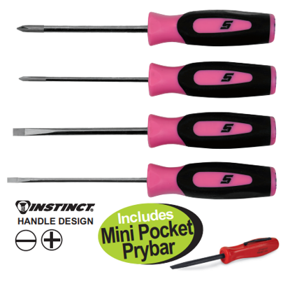 Get the Snap-on Mini Screwdriver Set with 4pc PINK Handles (XXOCT208), including flat tip and Phillips drivers, plus a free Mini Pocket Prybar. Features comfortable soft grip handles and durable nickel-chrome plating.